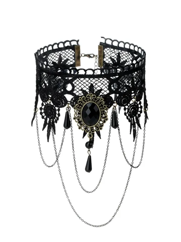 Gothic 3D Rose & Embroidered Lace Choker Necklace sold by Retro Stage