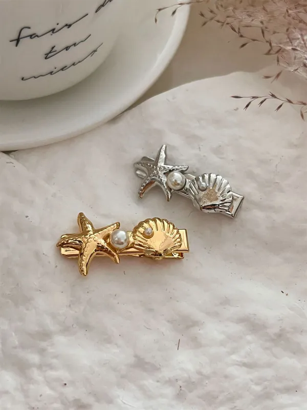 3D Starfish Seashell Pearl Hair Clip sold by Retro Stage