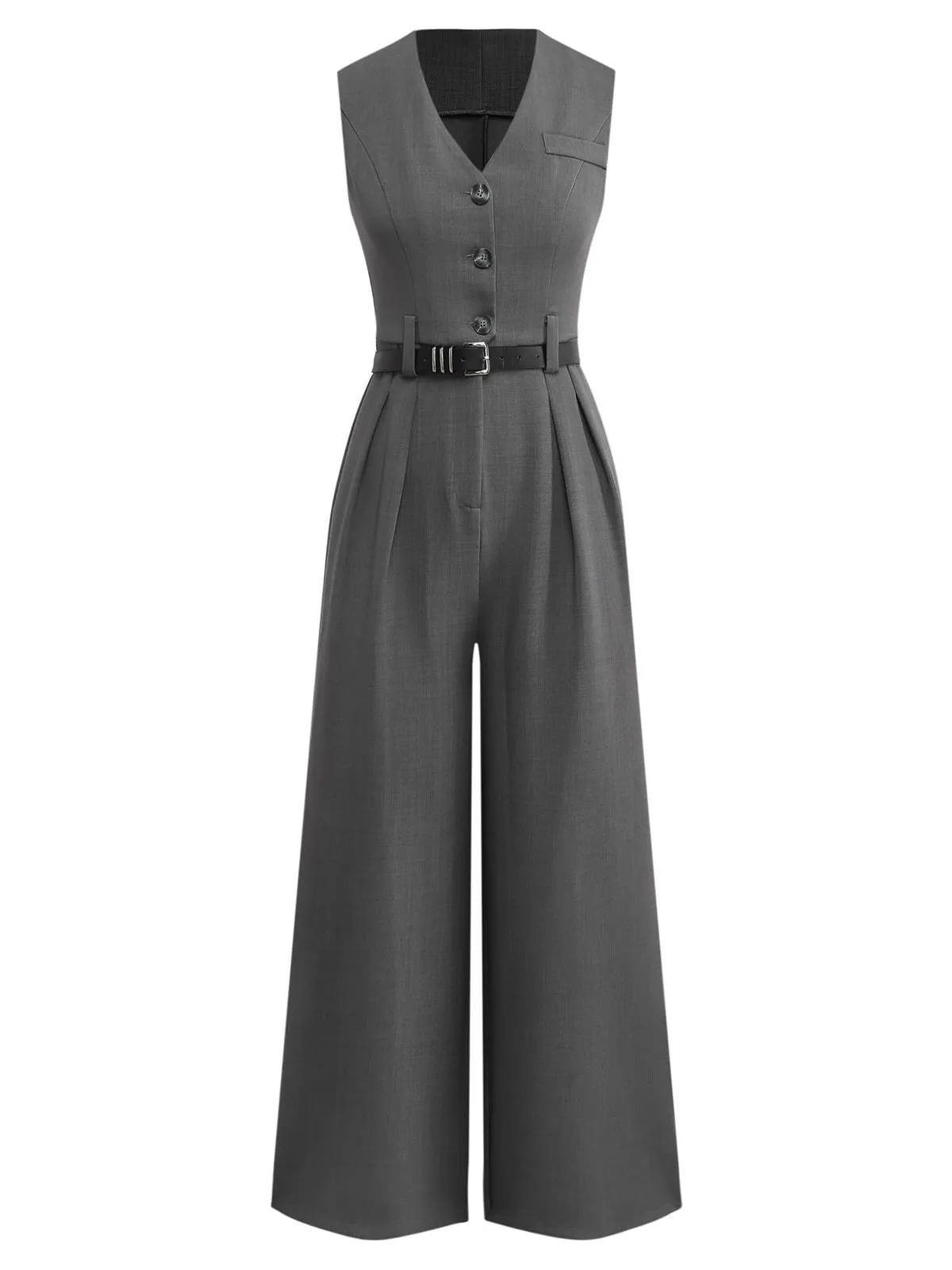 Gray 1930s Solid Sleeeless Office Belted Jumpsuit sold by Retro Stage