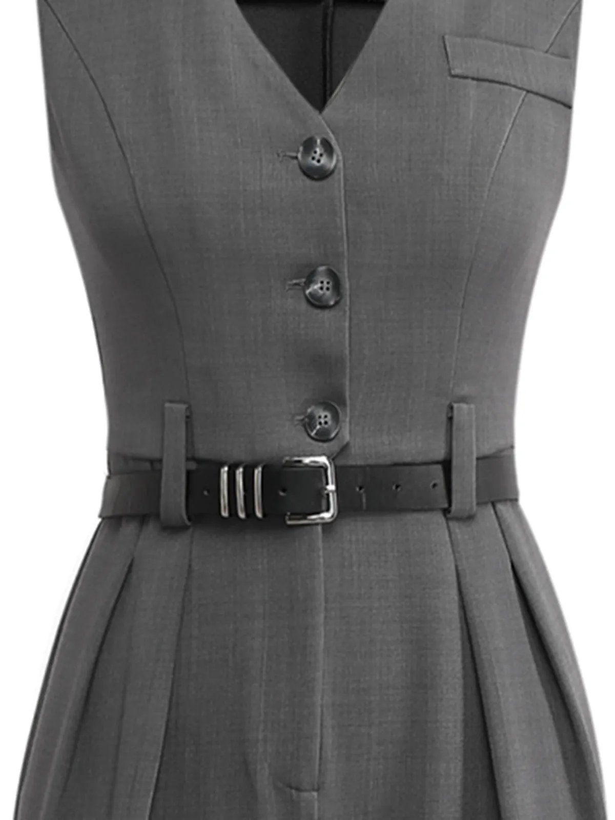 Gray 1930s Solid Sleeeless Office Belted Jumpsuit sold by Retro Stage product image thumbnail 3