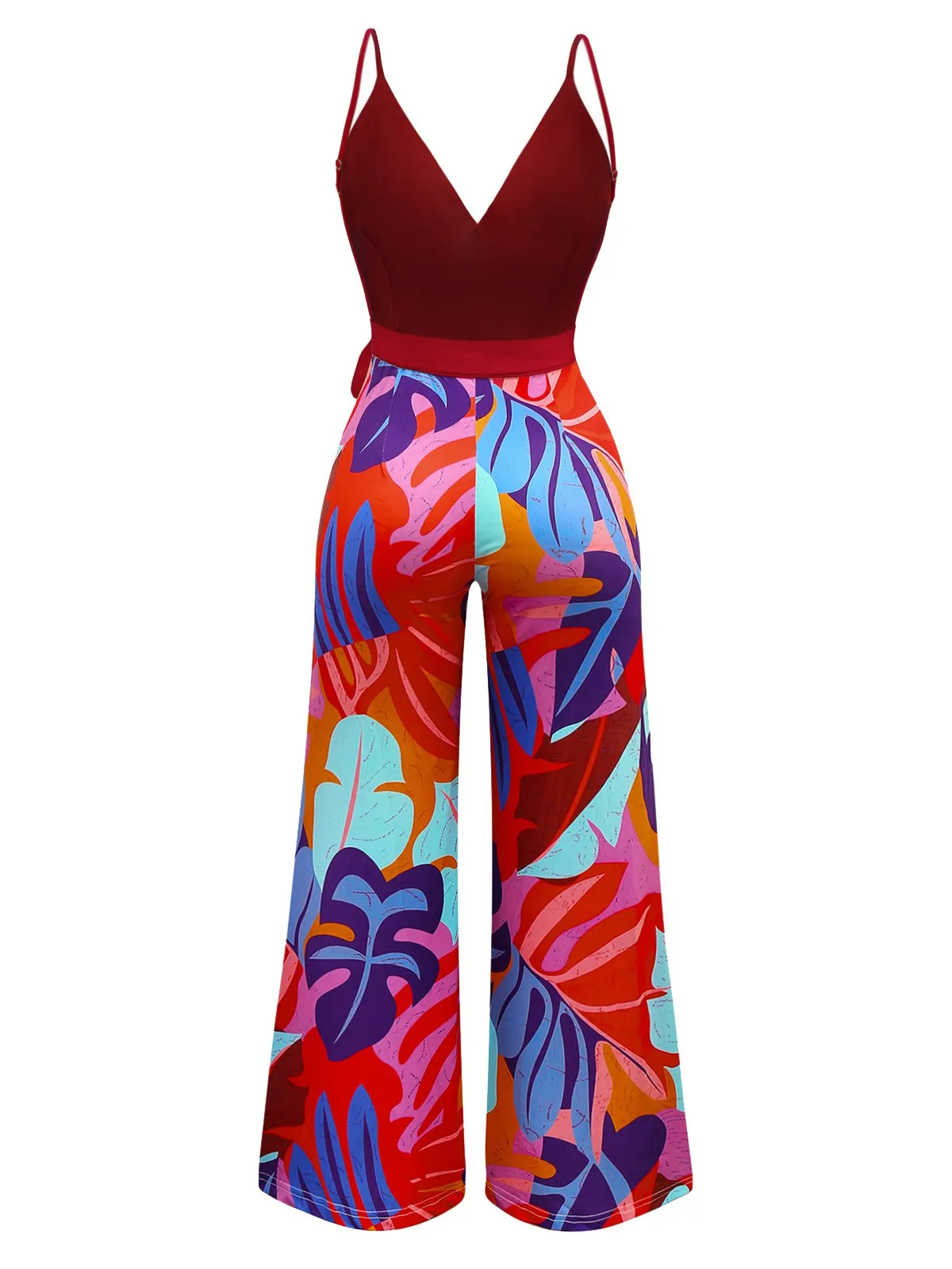 Red 1930s Tropical Belted Deep V Straps Jumpsuit sold by Retro Stage product image thumbnail 2
