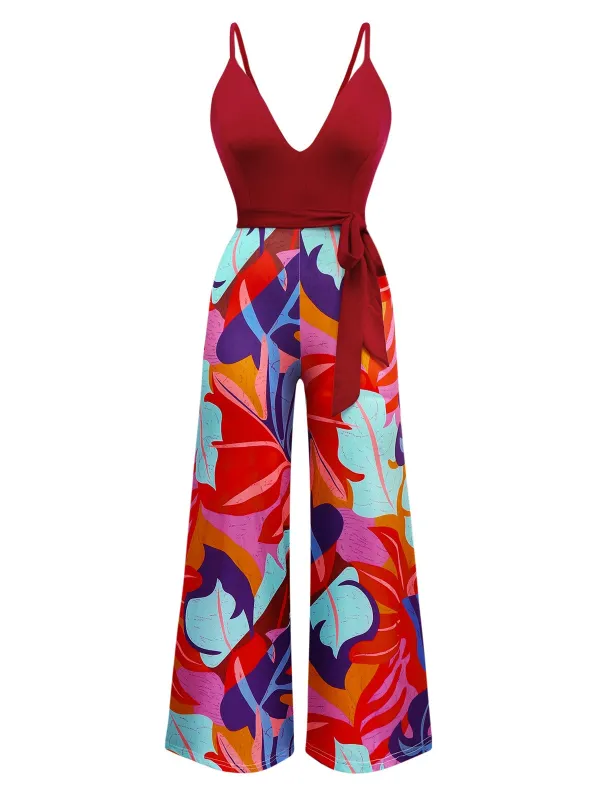 Red 1930s Tropical Belted Deep V Straps Jumpsuit sold by Retro Stage