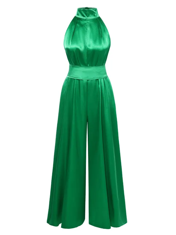 Green 1930s Satin Stand Collar Wideleg Jumpsuit sold by Retro Stage