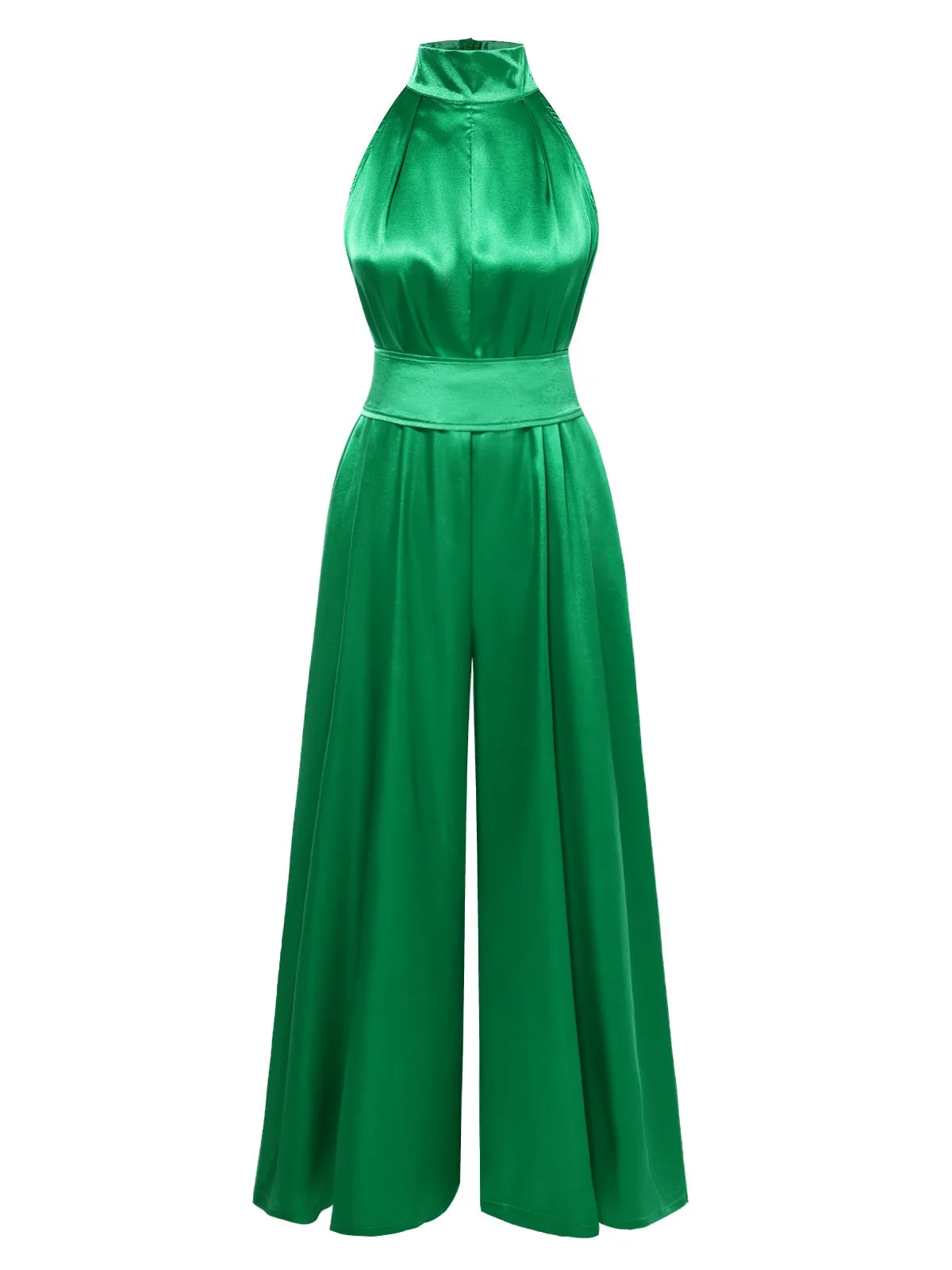 Green 1930s Satin Stand Collar Wideleg Jumpsuit sold by Retro Stage