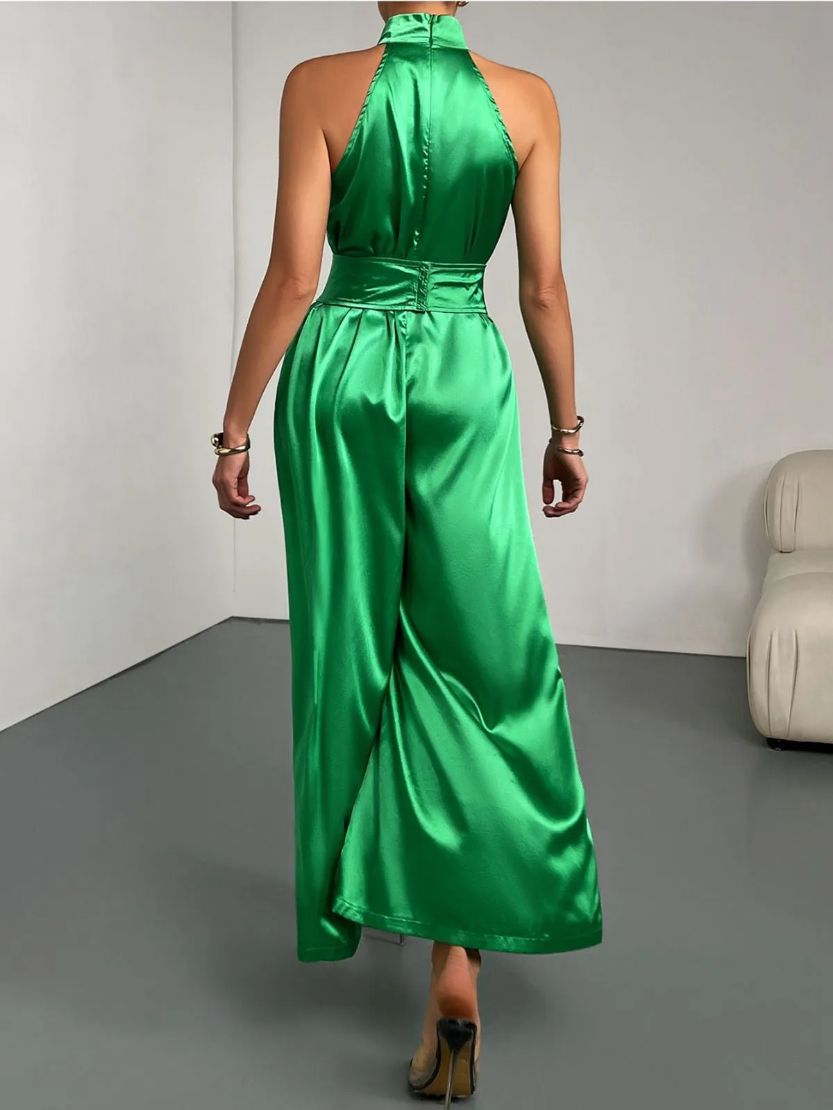 Green 1930s Satin Stand Collar Wideleg Jumpsuit sold by Retro Stage product image thumbnail 5