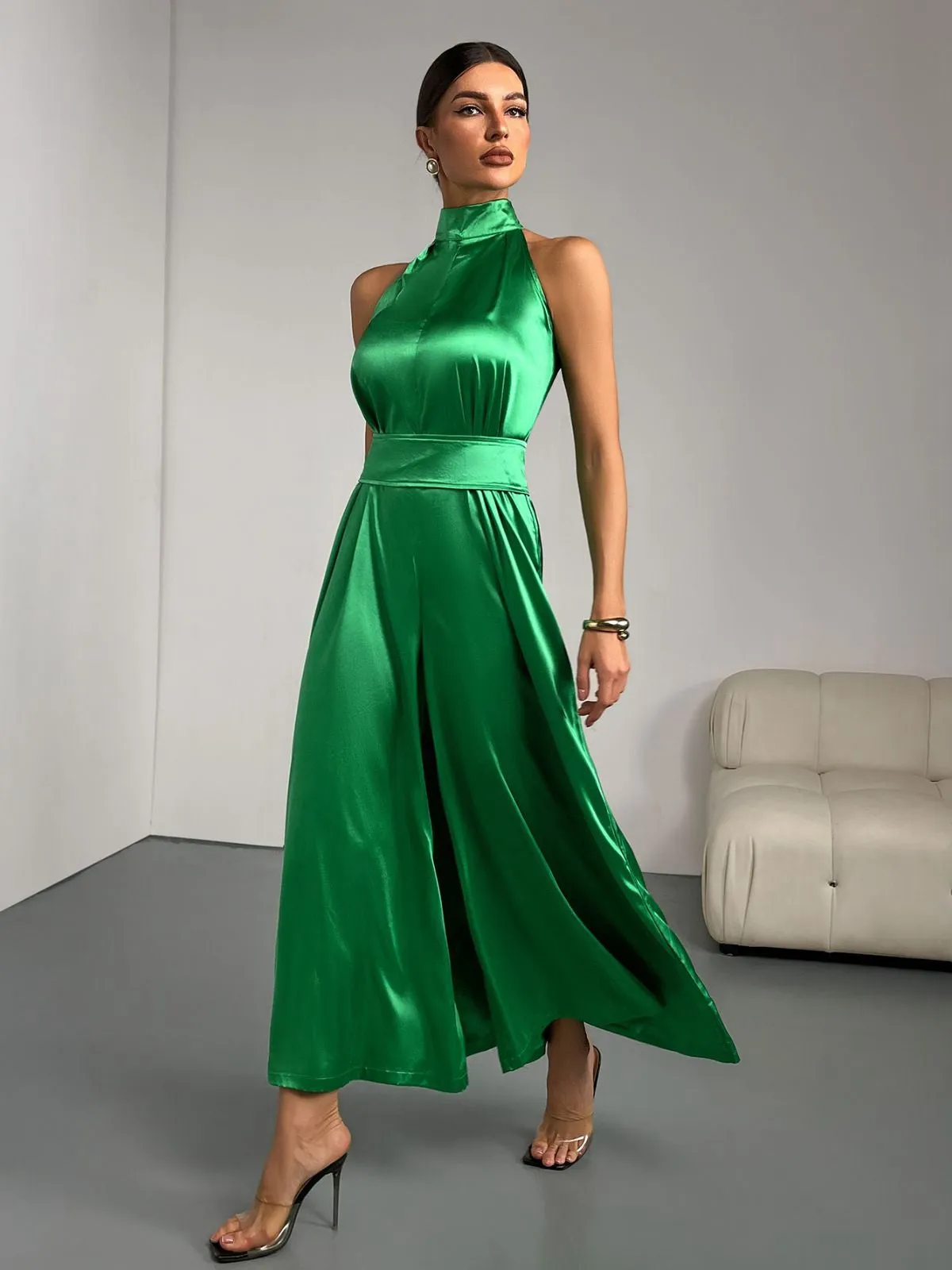 Green 1930s Satin Stand Collar Wideleg Jumpsuit sold by Retro Stage product image thumbnail 3