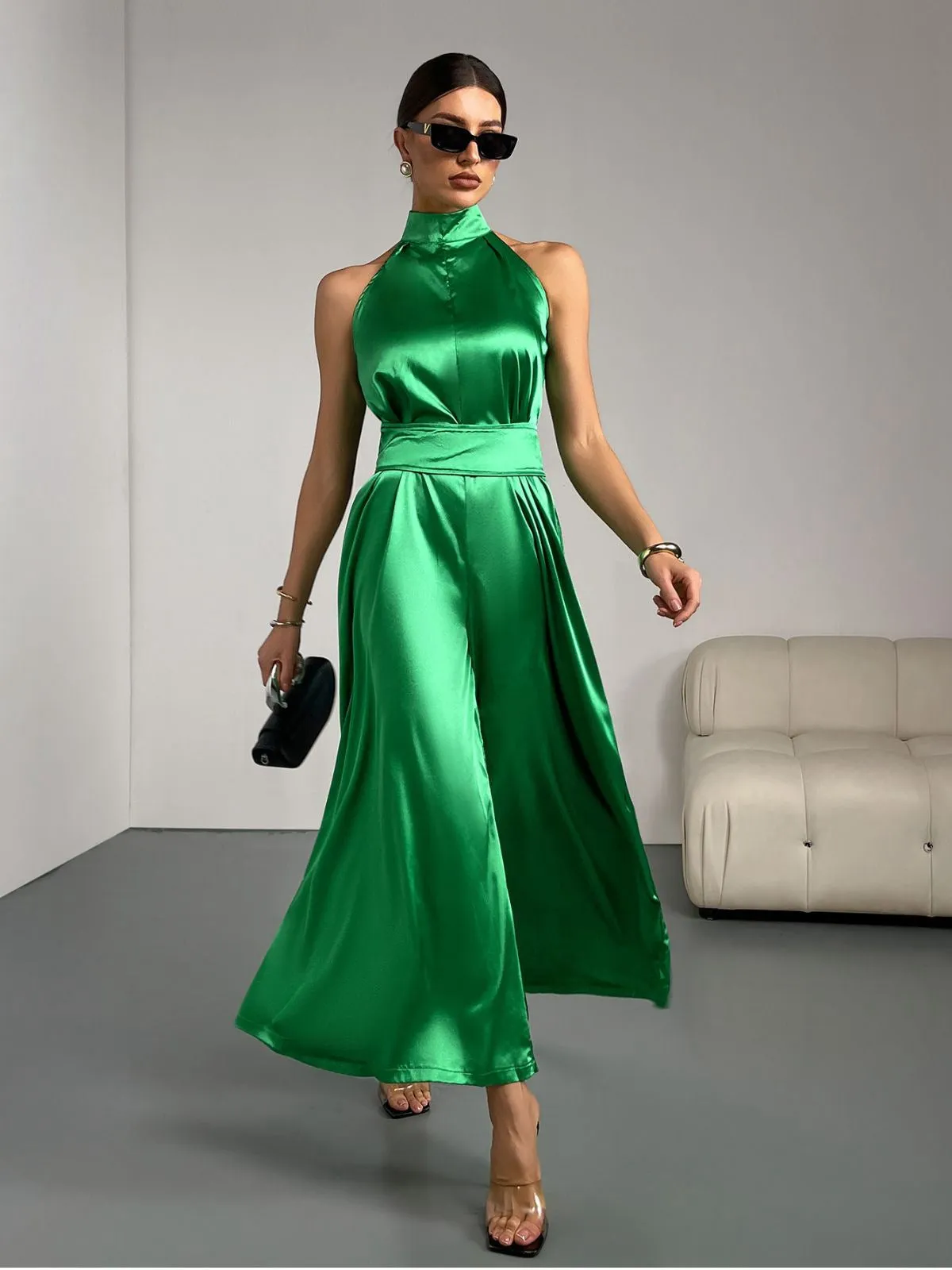 Green 1930s Satin Stand Collar Wideleg Jumpsuit sold by Retro Stage product image thumbnail 2