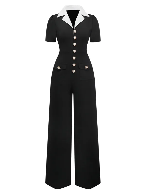 Black & White 1930s Notched Collar Buttoned Jumpsuit sold by Retro Stage
