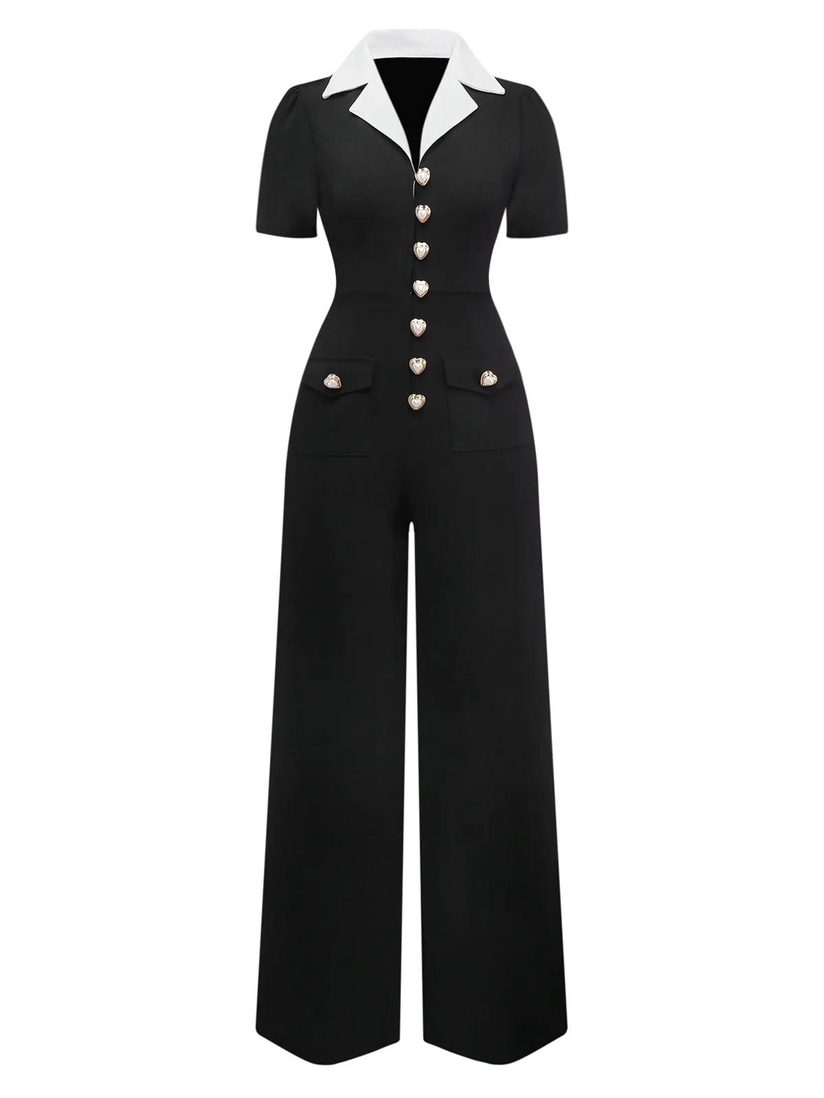Black & White 1930s Notched Collar Buttoned Jumpsuit sold by Retro Stage