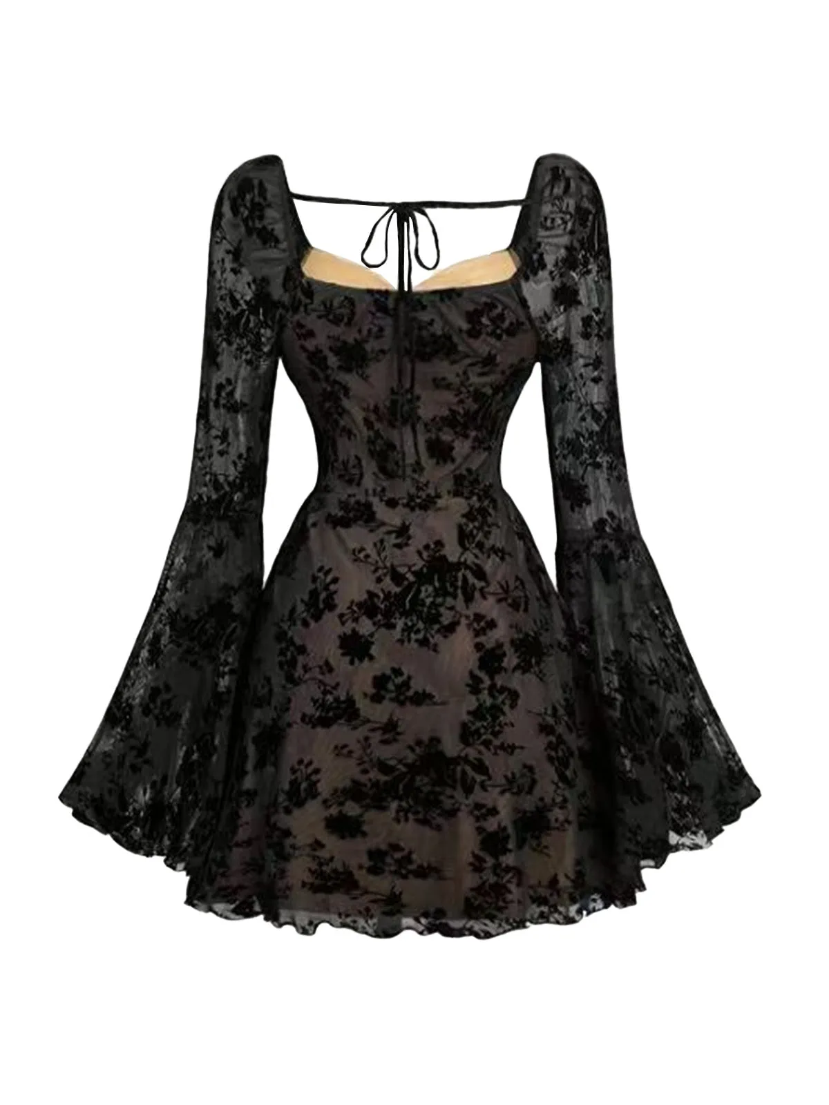 Black 1950s Lace Floral Bishop Sleeves Dress sold by Retro Stage product image thumbnail 2