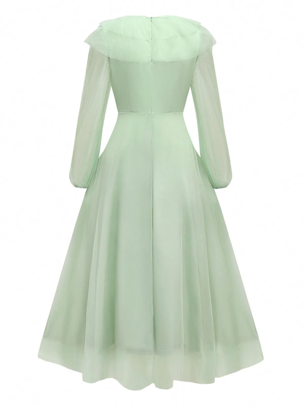Green 1930s Solid Mesh Ruffled Illusion Sleeves Dress sold by Retro Stage product image thumbnail 2