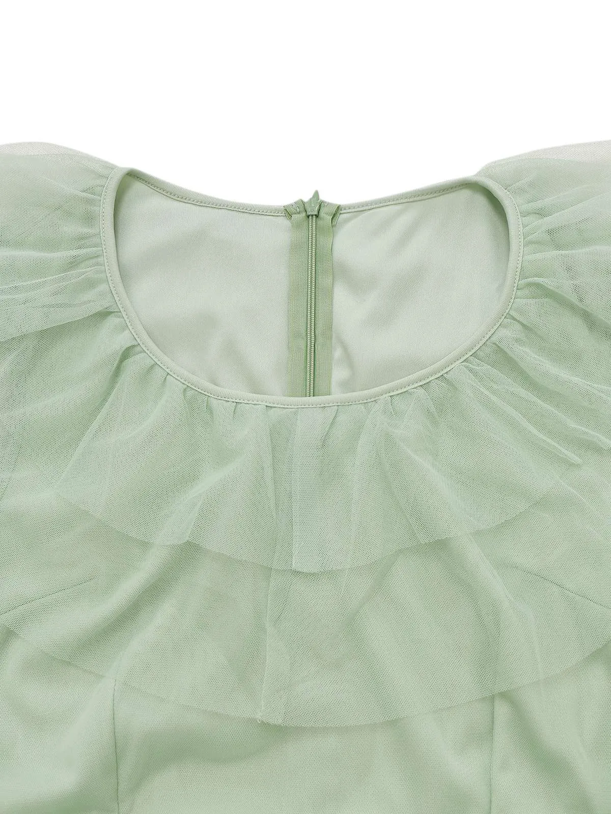 Green 1930s Solid Mesh Ruffled Illusion Sleeves Dress sold by Retro Stage product image thumbnail 3