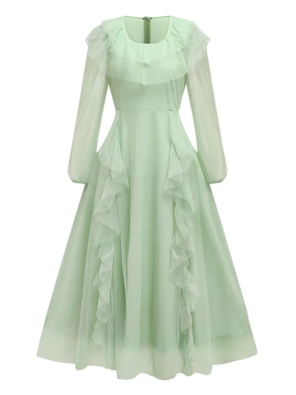Green 1930s Solid Mesh Ruffled Illusion Sleeves Dress sold by Retro Stage