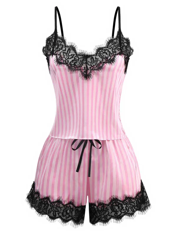 Pink 1930s Strap Strips Lace Pajama Set sold by Retro Stage