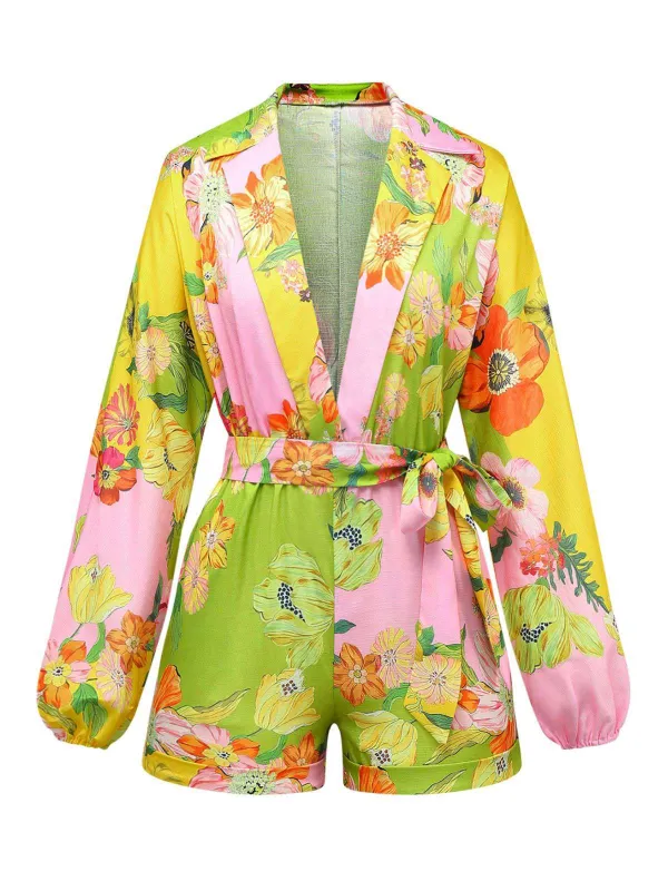 Yellow 1960s Floral Deep V-Neck Long Sleeves Romper sold by Retro Stage