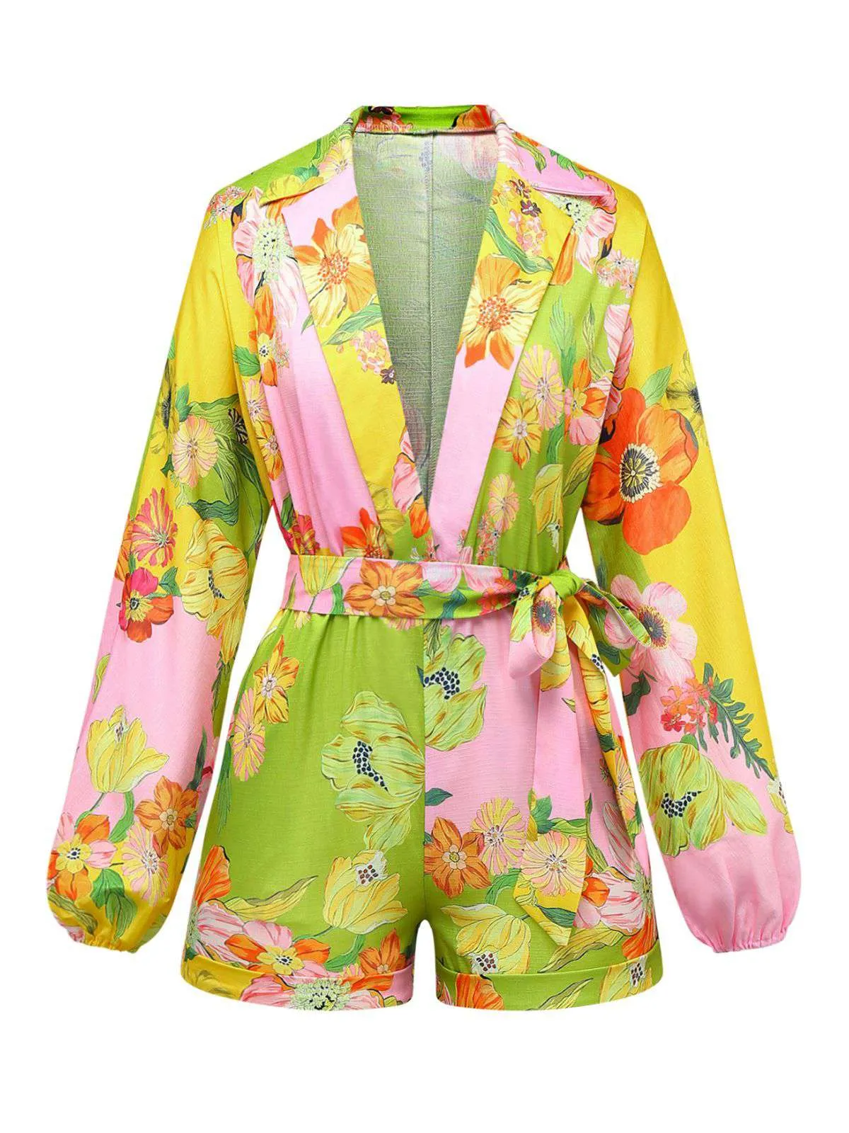 Yellow 1960s Floral Deep V-Neck Long Sleeves Romper sold by Retro Stage