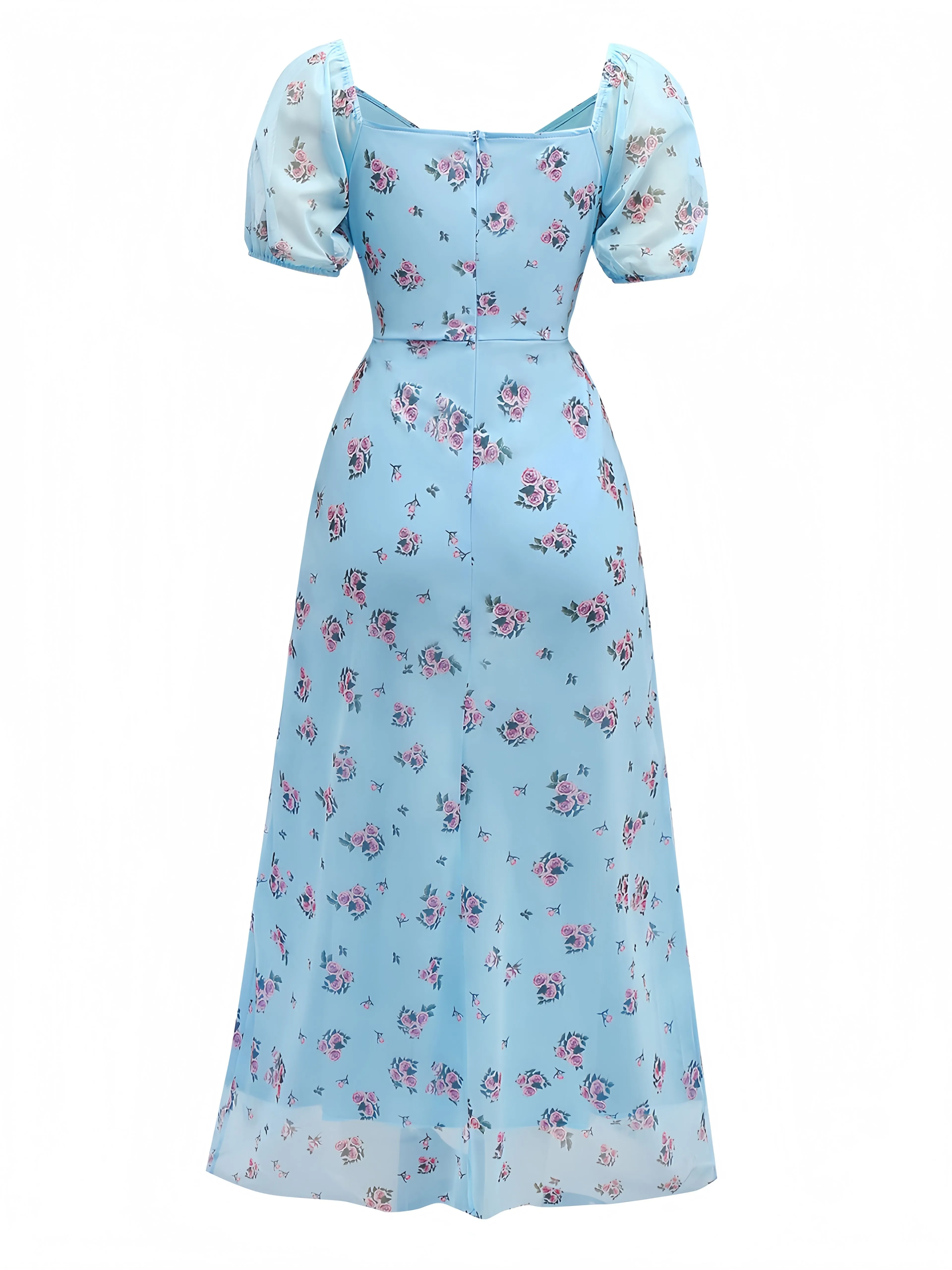 Blue 1930s V-Neck Rose Mesh Ruffled Dress sold by Retro Stage product image thumbnail 2