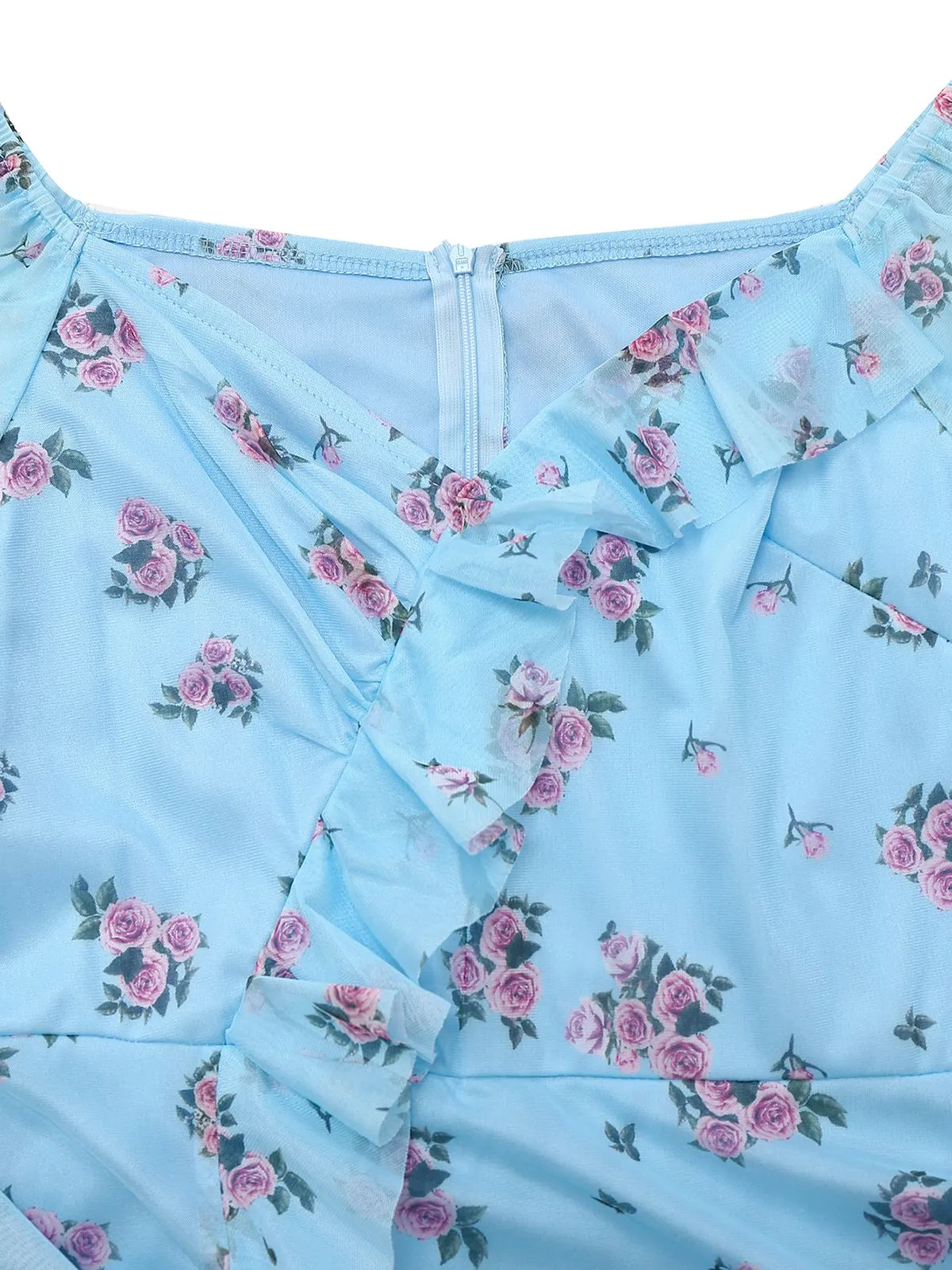 Blue 1930s V-Neck Rose Mesh Ruffled Dress sold by Retro Stage product image thumbnail 3