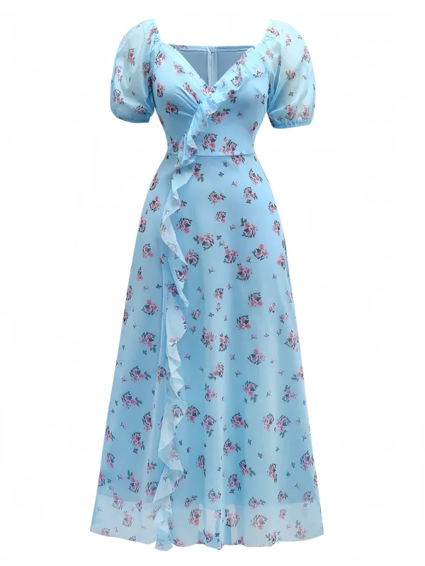 Blue 1930s V-Neck Rose Mesh Ruffled Dress sold by Retro Stage