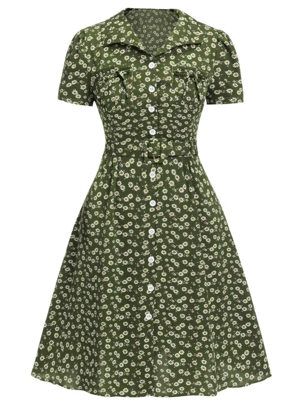 [Plus Size] Green 1940s Lapel Buttons Ditsy Floral Dress sold by Retro Stage