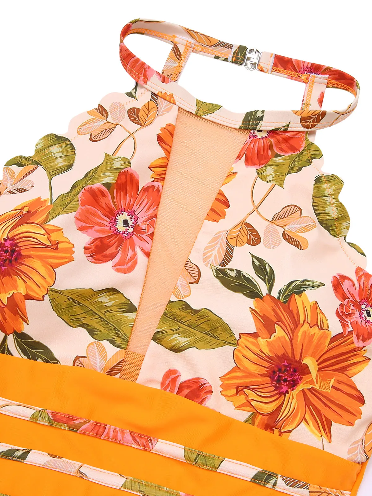 Orange 1960s Halter Floral One-Piece Swimsuit sold by Retro Stage product image thumbnail 4