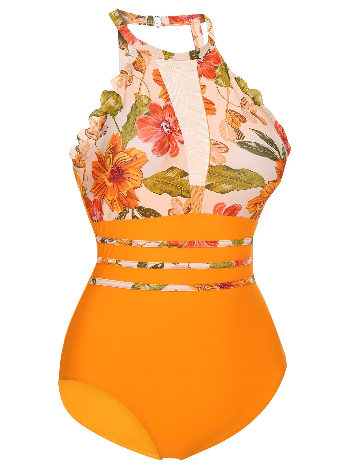 Orange 1960s Halter Floral One-Piece Swimsuit sold by Retro Stage product image thumbnail 2