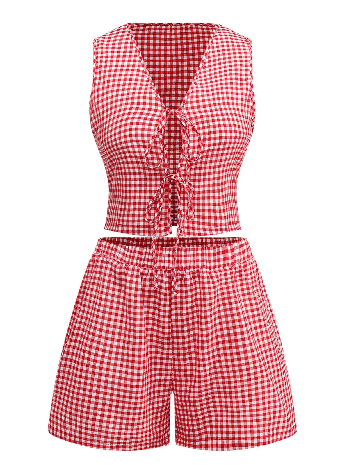 2PCS 1950s Plaid V-Neck Bind Vest & Shorts sold by Retro Stage product image thumbnail 3