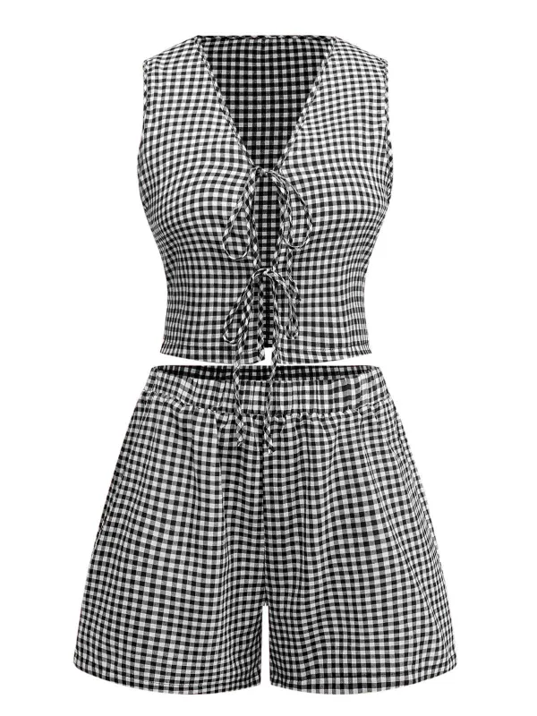 2PCS 1950s Plaid V-Neck Bind Vest & Shorts sold by Retro Stage