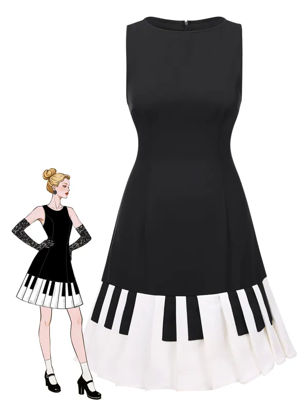 Black 1960s Boat Neck Piano Key Patchwork Dress sold by Retro Stage