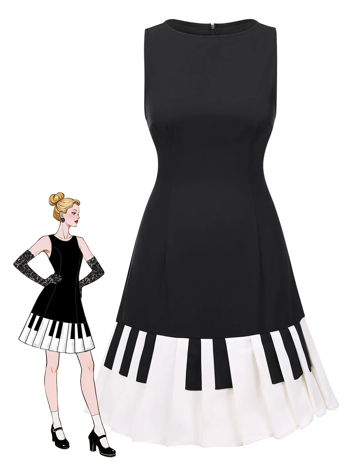 Black 1960s Boat Neck Piano Key Patchwork Dress sold by Retro Stage