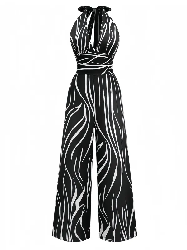 Black & White 1930s Irregular Print Halter Jumpsuit sold by Retro Stage