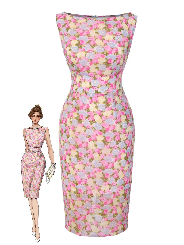 Pink 1960s Boat Neck Floral Bodycon Dress sold by Retro Stage