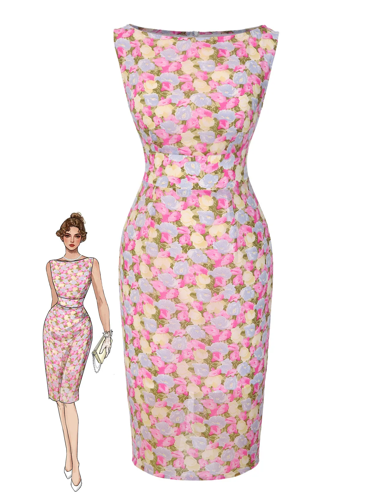 Pink 1960s Boat Neck Floral Bodycon Dress sold by Retro Stage
