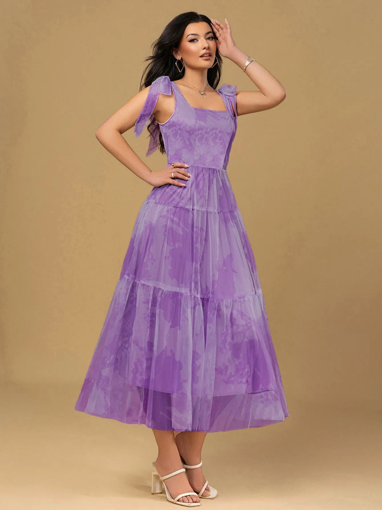Lavender 1930s Floral Lace-Up Mesh Dress sold by Retro Stage product image thumbnail 2