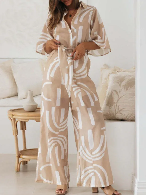 Khaki 1930s Geometric Printed Half Sleeves Lapel Jumpsuit sold by Retro Stage