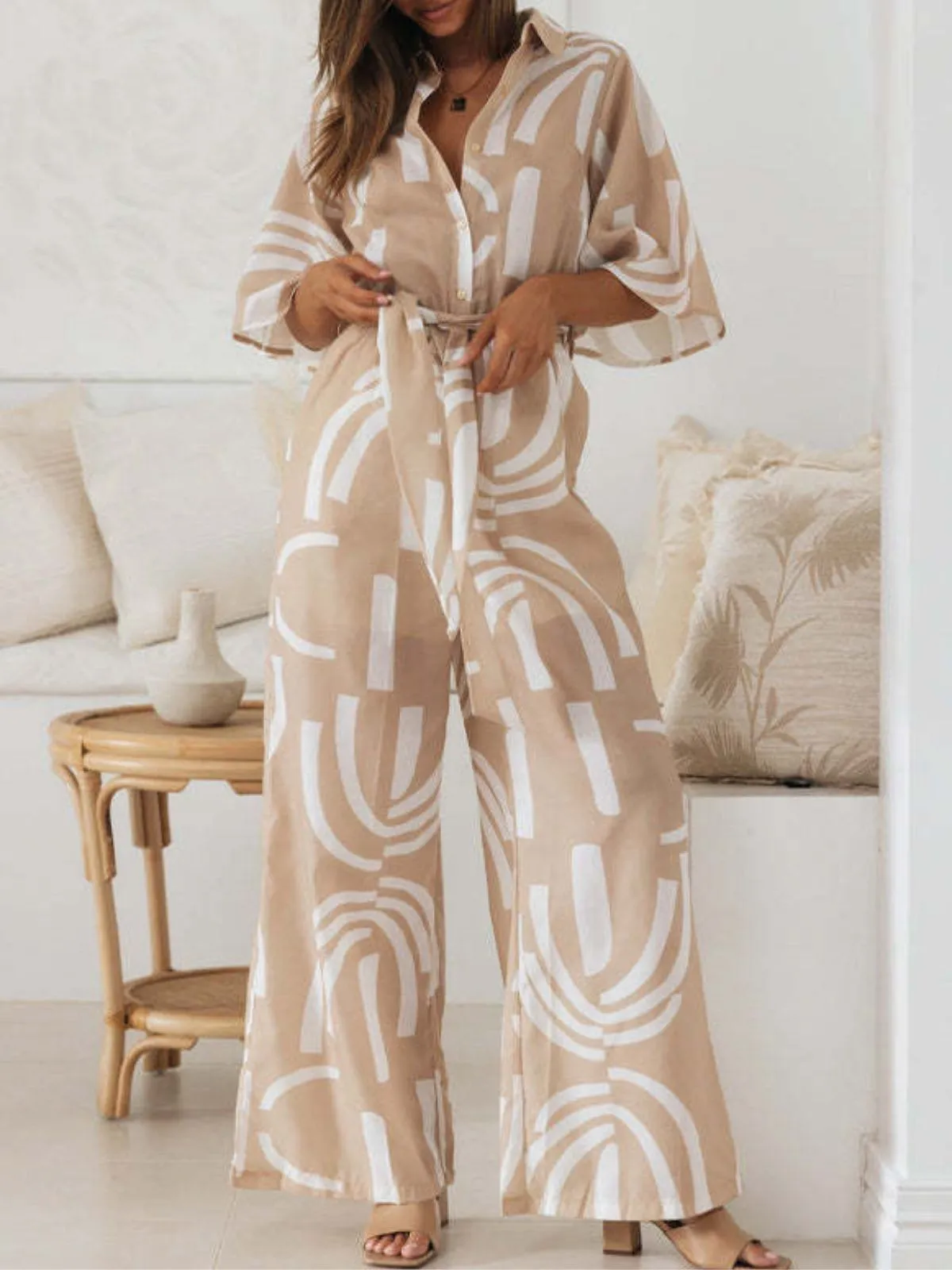 Khaki 1930s Geometric Printed Half Sleeves Lapel Jumpsuit sold by Retro Stage