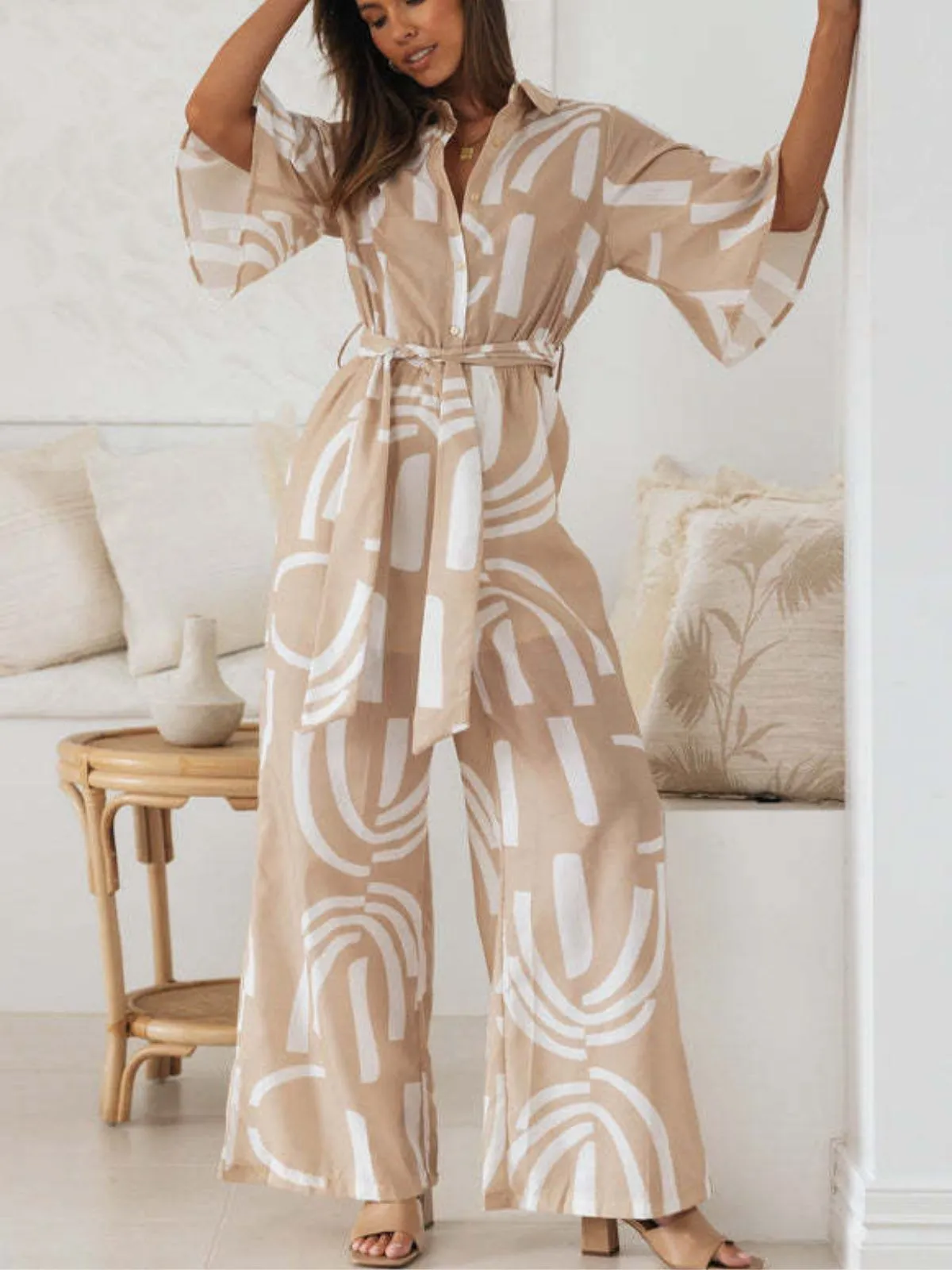 Khaki 1930s Geometric Printed Half Sleeves Lapel Jumpsuit sold by Retro Stage product image thumbnail 3