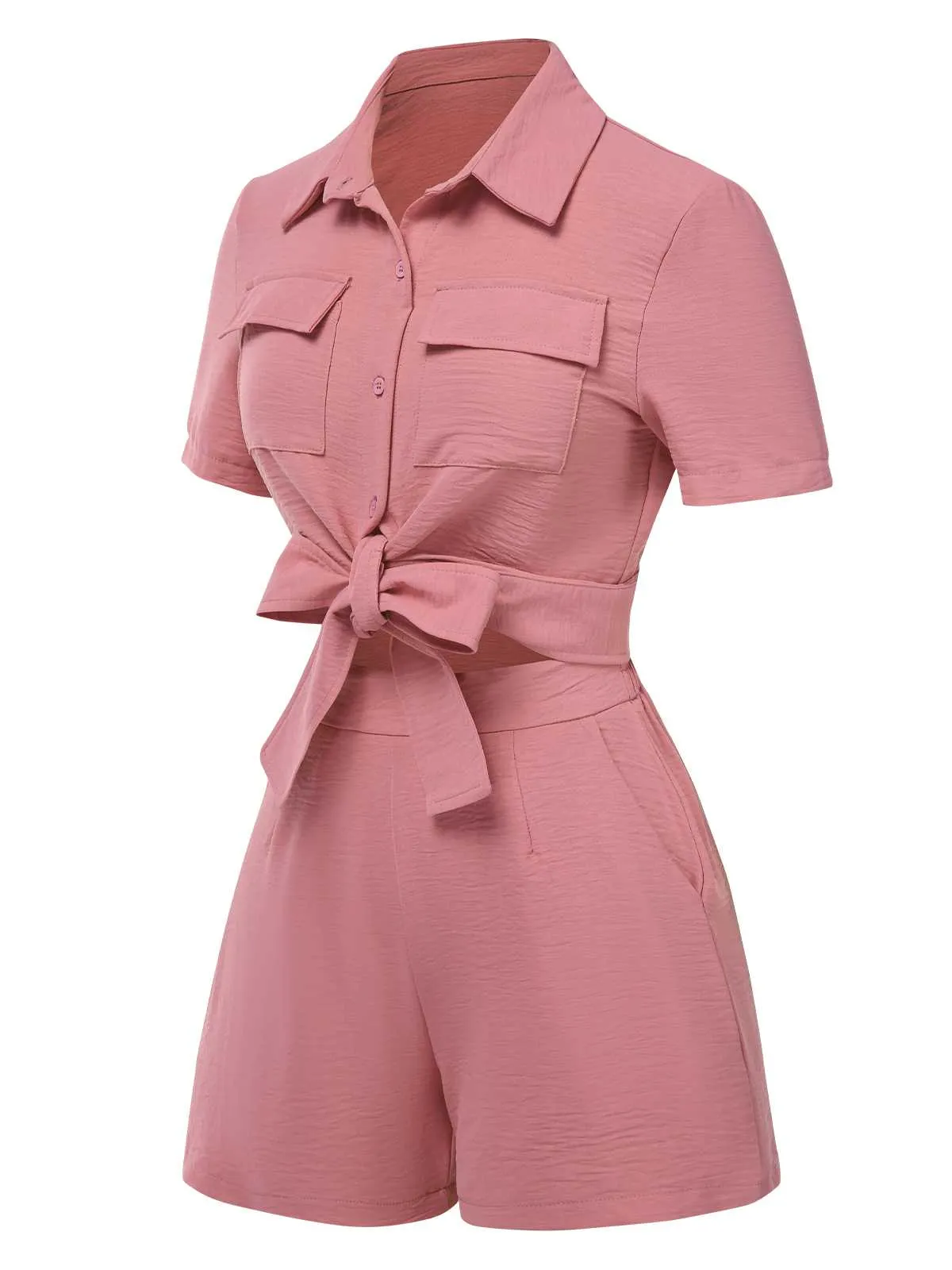 2PCS 1940s Solid Lace-Up Top & High-Waist Shorts sold by Retro Stage product image thumbnail 2