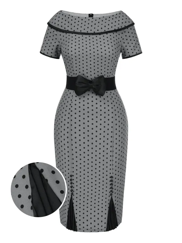 Gray 1960s Boat Neck Polka Dots Pencil Dress sold by Retro Stage