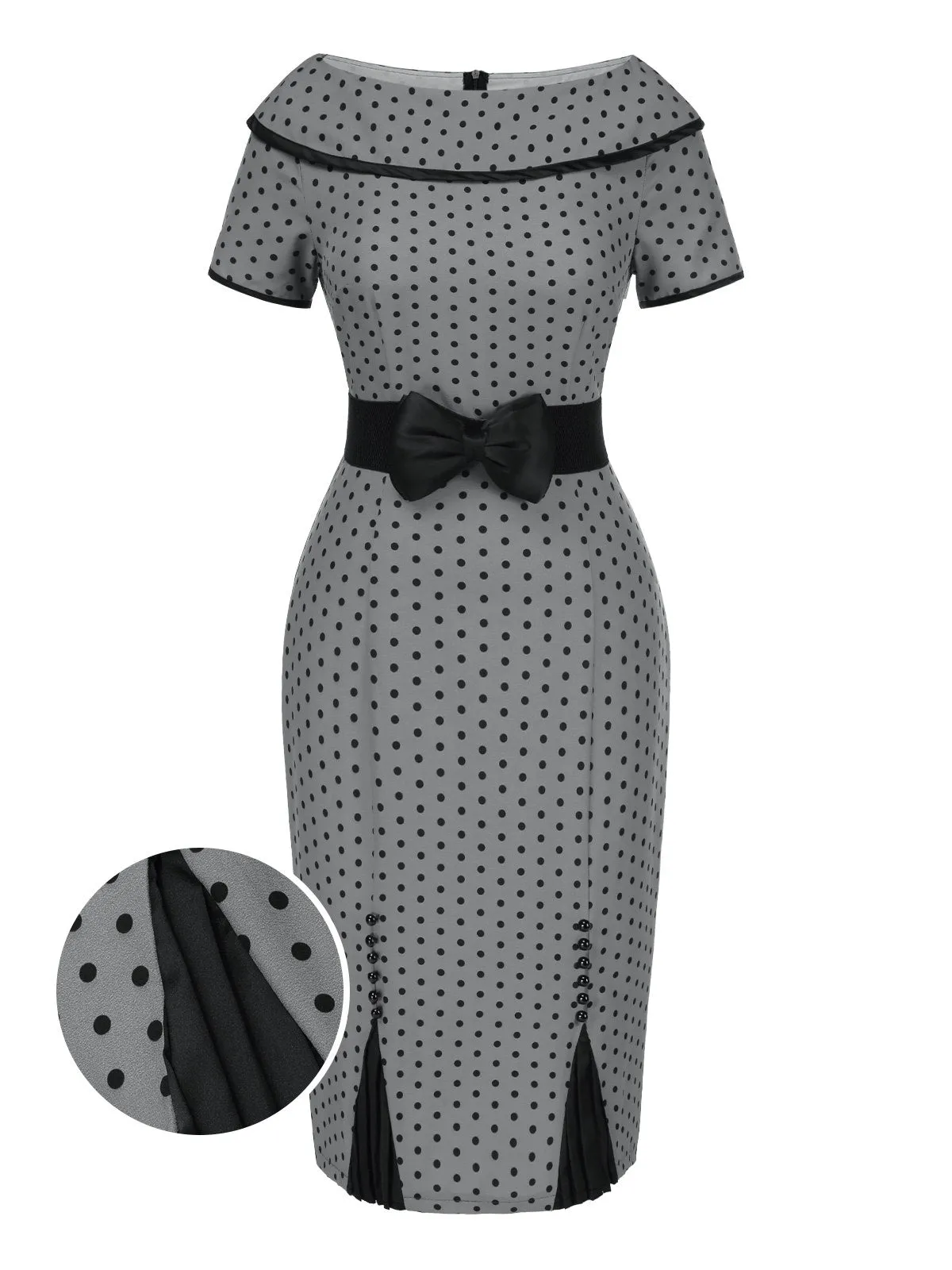 Gray 1960s Boat Neck Polka Dots Pencil Dress sold by Retro Stage