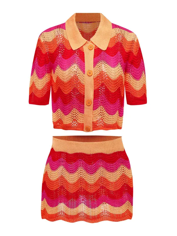 2PCS Multicolor 1970s Knit Cardigan & High-Waist Skirt sold by Retro Stage