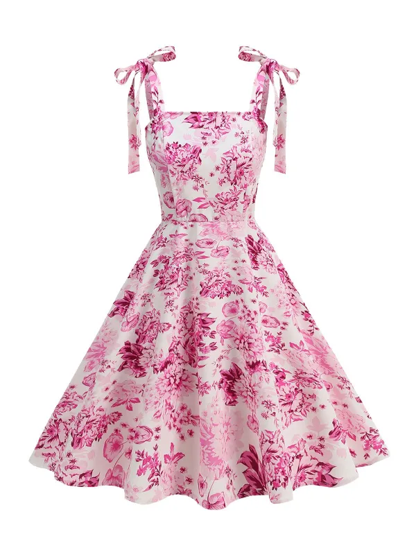 Pink 1950s Floral Lace-Up Swing Dress sold by Retro Stage