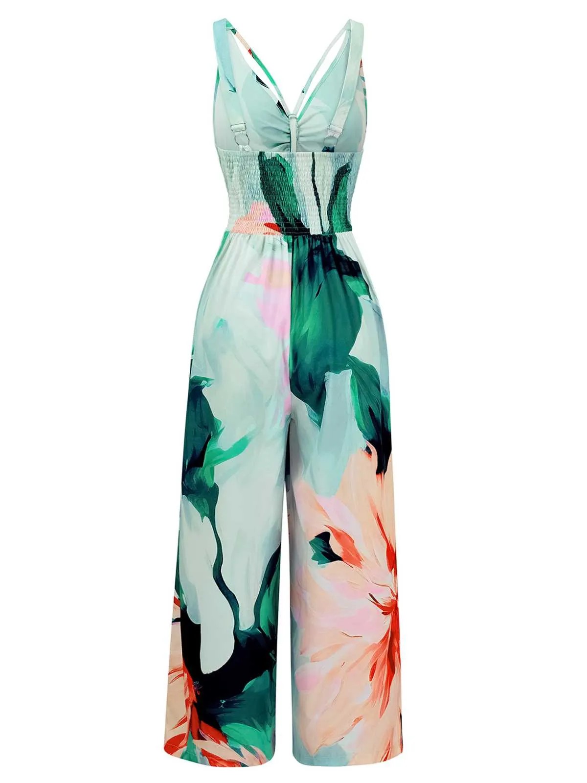 1970s Strap V-Neck Floral Smocked Jumpsuit sold by Retro Stage product image thumbnail 5