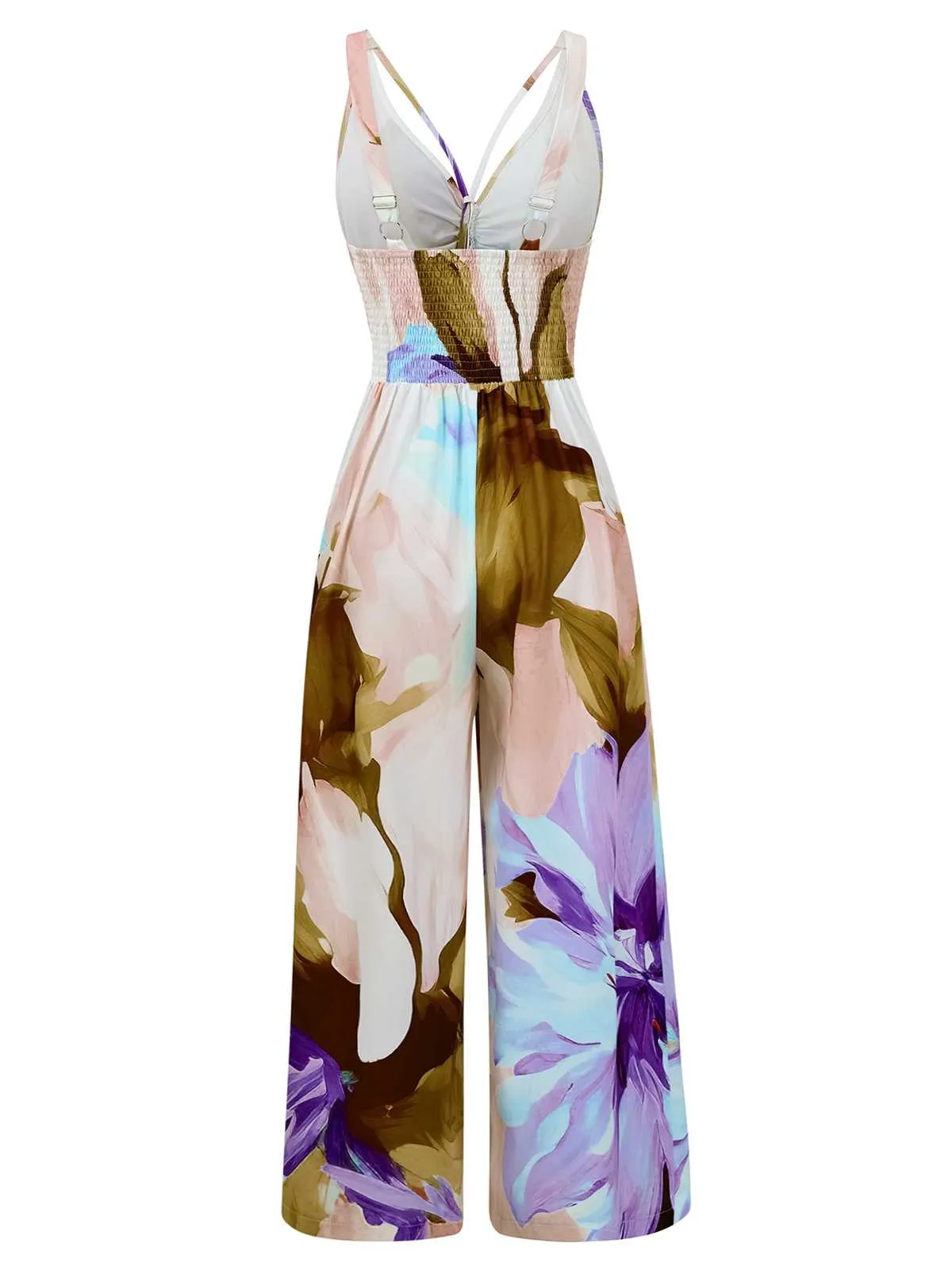 1970s Strap V-Neck Floral Smocked Jumpsuit sold by Retro Stage product image thumbnail 2