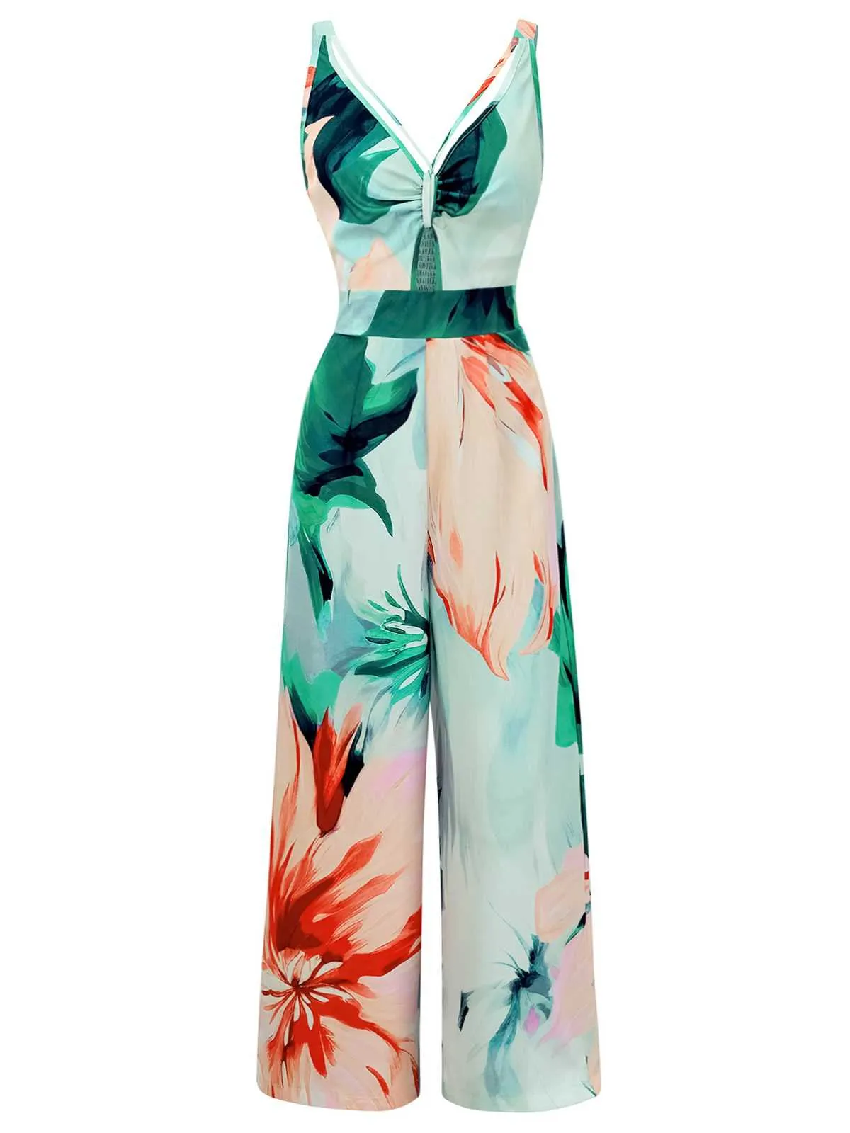 1970s Strap V-Neck Floral Smocked Jumpsuit sold by Retro Stage product image thumbnail 4