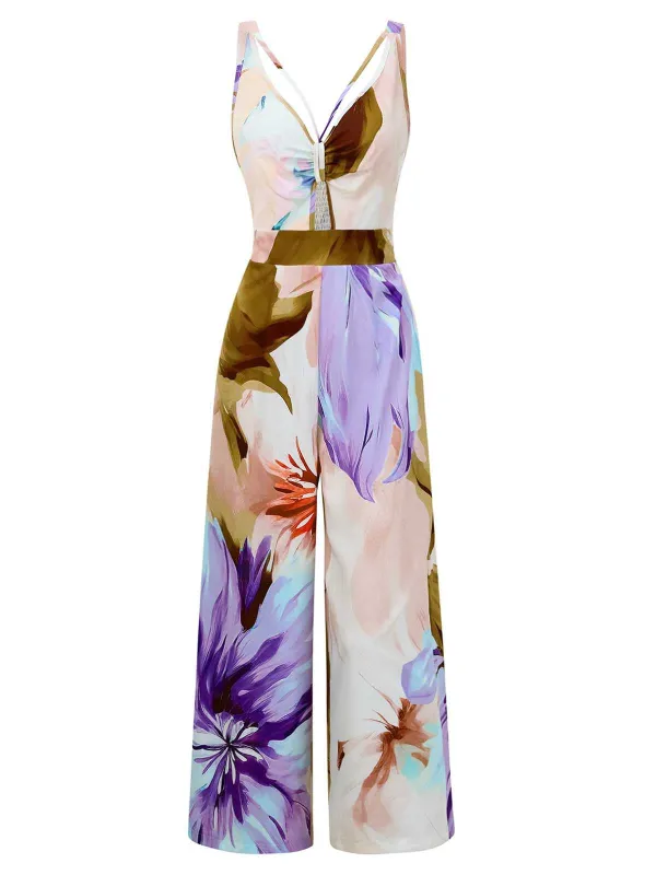 1970s Strap V-Neck Floral Smocked Jumpsuit sold by Retro Stage