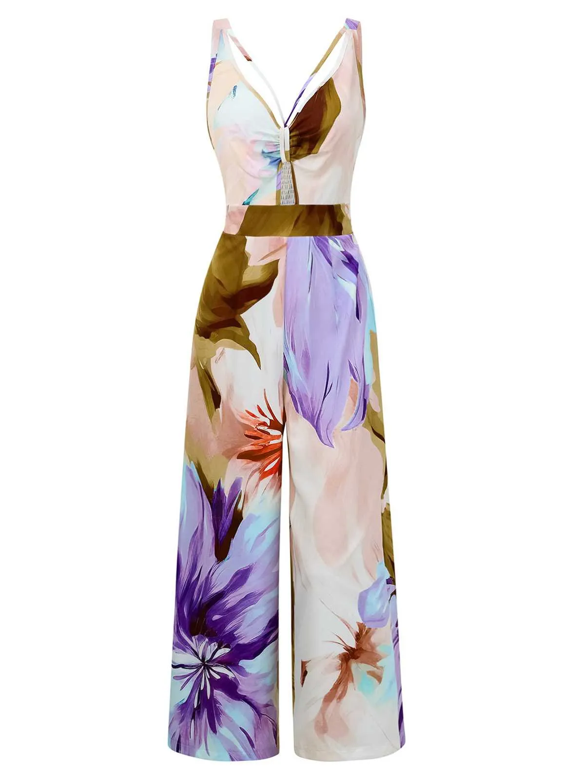 1970s Strap V-Neck Floral Smocked Jumpsuit sold by Retro Stage