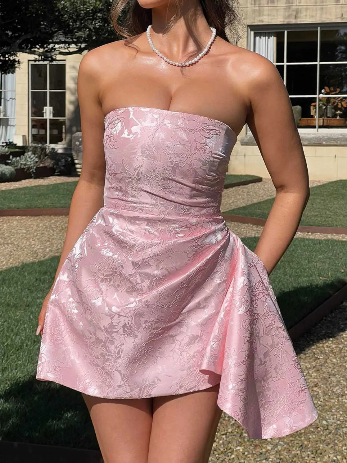 1970s Strapless Roses Jacquard Dress sold by Retro Stage