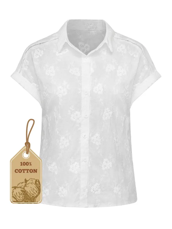 White 1950s Cotton Embroidery Flower Lapel Blouse sold by Retro Stage