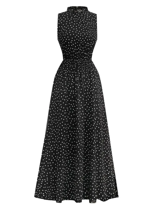Black 1930s Polka Dots Chiffon Sleeveless Dress sold by Retro Stage